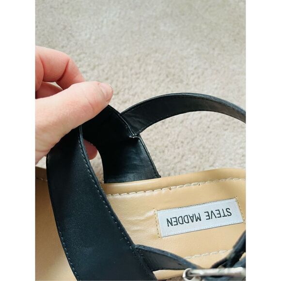 Steve Madden Espadrille Wedge Leather Black Sandals sz 10M - Picture 10 of 12